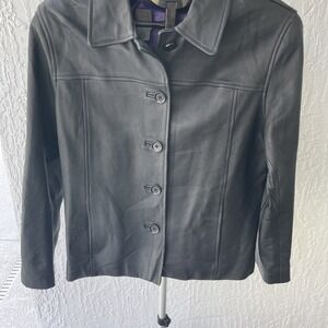 Black Leather Vintage Ladies Coat Collar Button Down Hip Length Size M.